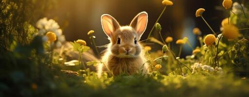 ai généré mignonne Pâques lapin séance dans le herbe avec ensoleillement photo