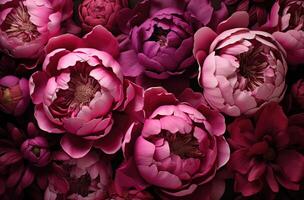 ai généré proche en haut de pivoines dans foncé photo