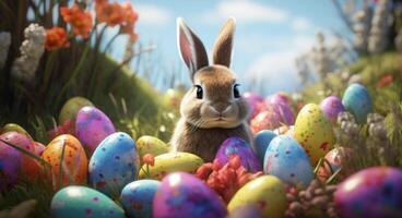 ai généré Pâques lapin dans une champ de coloré des œufs photo