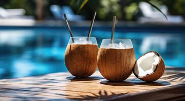 ai généré noix de coco sur plage table près bleu réflexion de nager bassin avec noix de coco cocktails, bronzer photo