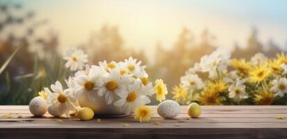 ai généré Pâques des œufs et fleurs dans le milieu de une en bois table photo