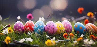 ai généré coloré Pâques des œufs sur le herbe avec fleurs derrière il, violet et gris, photo