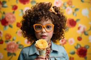 ai généré peu fille dans des lunettes de soleil en mangeant la glace crème photo