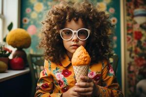 ai généré peu fille dans des lunettes de soleil en mangeant la glace crème photo