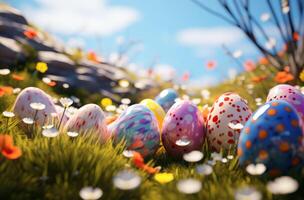 ai généré Pâques des œufs sont dans le herbe sur une brillant Contexte photo