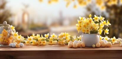 ai généré Pâques des œufs et fleurs dans le milieu de une en bois table photo