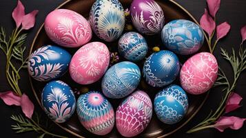 ai généré peint des œufs dans une coloré arrangement de bleu et rose photo