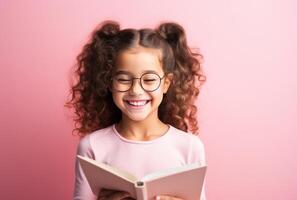 ai généré fille en portant une livre comme elle sourit avec sa des lunettes fille photo