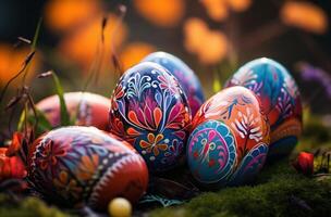 ai généré Pâques des œufs sur herbe avec coloré Contexte photo