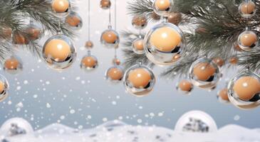 ai généré rafale de Noël ornement des balles dans neigeux pin branches photo