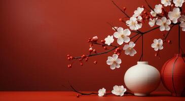 ai généré papier fleur, blanc lanterne et rouge mur photo