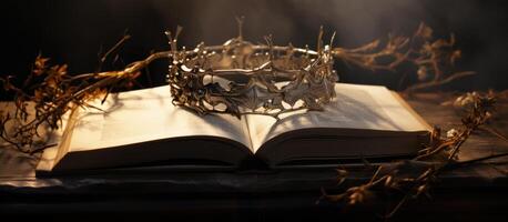 ai généré un de le livres de le Bible a une couronne de les épines sur Haut photo