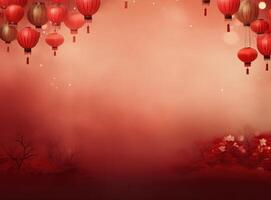 ai généré rouge Contexte avec Chine papier lanternes et Cerise fleurs photo