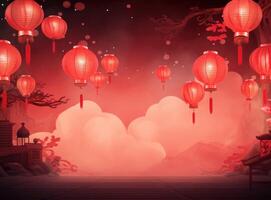 ai généré rouge Contexte avec Chine papier lanternes et Cerise fleurs photo