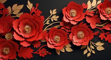 ai généré rouge et or chinois papier floral Contexte Contexte modèle photo