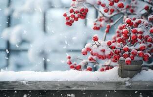 ai généré rouge baies dans le neige sur le en bois Contexte photo