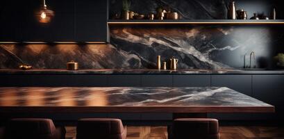 ai généré brillant noir marbre plan de travail avec pendentif éclairage dans une classique moderne cuisine photo