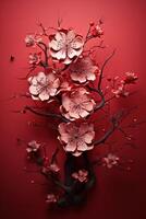 ai généré rouge arbre avec fleur dans le hiver sur rouge Contexte photo