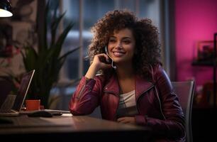 ai généré souriant femme avec frisé cheveux parlant sur téléphone dans le Bureau photo