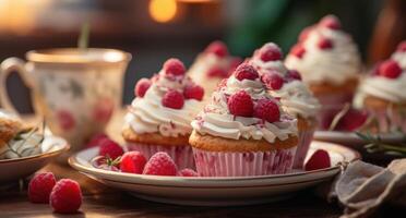 ai généré framboise petits gâteaux avec glaçage et citron crème fromage Glaçage sur table photo