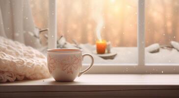 ai généré le tasse est assis dans de face de une fenêtre dans le hiver photo