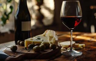 ai généré rouge du vin avec fromage et olive photo