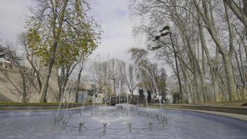 magnifique Fontaine dans l'automne parc. action. Facile Fontaine dans magnifique parc sur Contexte de pierre forteresse. nettoyer parc avec Fontaine dans l'automne photo