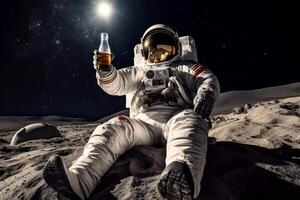 ai généré astronaute séance sur le lune en buvant bière, génératif ai photo