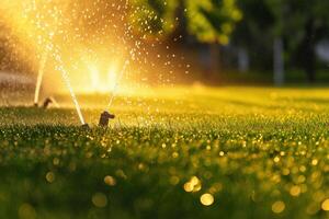 ai généré arrosage le pelouse herbe dans le parc l'eau éclaboussures contre le toile de fond de le Soleil génératif ai photo