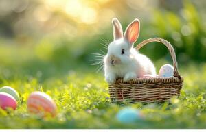 ai généré content lapin avec Pâques des œufs sur herbe de fête génératif ai photo