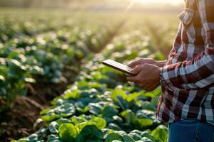 ai généré une agriculteur permanent dans champ avec tableau. génératif ai. photo