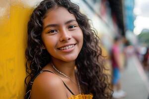 ai généré adolescent femme avec un appareil dentaire souriant bouche . génératif ai. photo