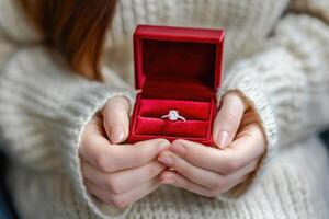 ai généré diamant bague dans rouge boîte dans femme main sur . ai génératif photo