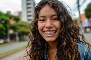 adolescent femme avec un appareil dentaire souriant bouche . génératif ai. photo