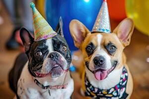 ai généré français taureau chien portant une papier fête chapeau . ai génératif photo