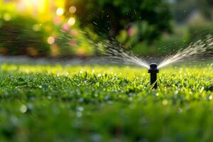 ai généré arrosage le pelouse herbe dans le parc l'eau éclaboussures contre le toile de fond de le Soleil génératif ai photo