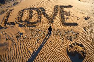 ai généré une le sable scène à crépuscule avec une l'amour mot tiré dans le le sable .ai génératif photo