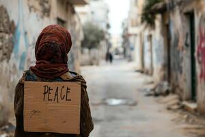 ai généré arabe femme tenir paix papier carton dans le ville Contexte . ai généré, photo