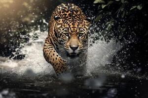 ai généré une proche en haut de une léopard dans le l'eau avec une éclaboussure de l'eau sur c'est visage et c'est affronter. photo