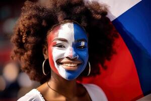 ai généré français Supporter avec drapeau visage peindre . France 2024 olympique concept .génératif ai photo