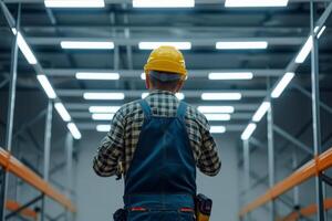 ai généré électricien homme ouvrier installation lampe dans une Bureau pièce . génératif ai photo