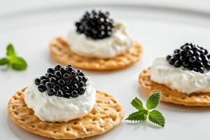 ai généré craquelins avec crème fromage et noir caviar, blanc arrière-plan. génératif ai. photo