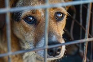 ai généré proche en haut triste grand chiens pris dans cage. génératif ai photo