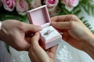 ai généré une couple de l'amour cette une homme donnant diamant bague dans luxe boîte à femme sur . ai génératif photo