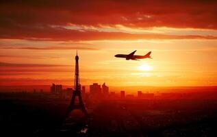 ai généré avion au dessus Eiffel la tour dans Paris, c, Voyage L'Europe , scénique, relocalisation.ai génératif photo