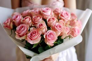 ai généré une femme en portant une bouquet de roses.ai génératif photo