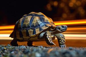 ai généré une tortue cette vite court dans brouiller Contexte .génératif ai photo