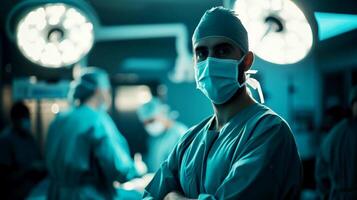 ai généré photo de une Masculin médecin performant chirurgie dans un en fonctionnement chambre. génératif ai