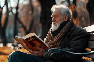 ai généré personnes âgées homme séance sur une banc dans une parc avec une livre dans le sien main, génératif ai photo