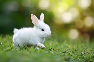 ai généré une lapin fonctionnement dans une champ de vert herbe. génératif ai photo